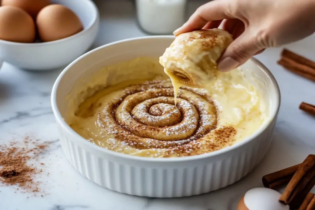 Dipping cinnamon rolls into egg custard mixture