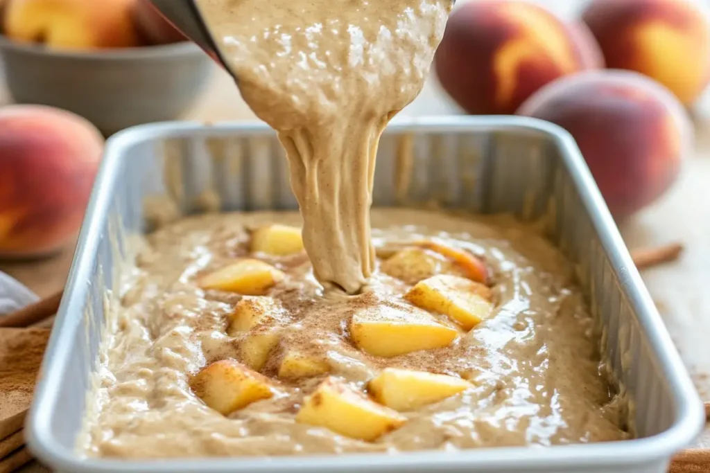 Peach bread batter being poured into a loaf pan