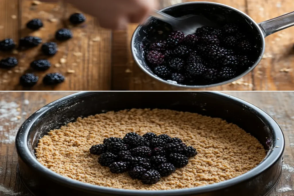 Graham cracker crust being prepared for blackberry cheesecake