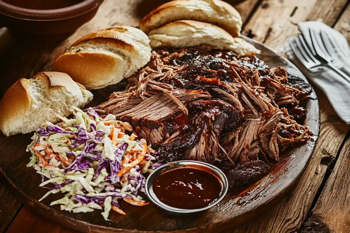 Pulled BBQ beef with buns and coleslaw on a wooden platter