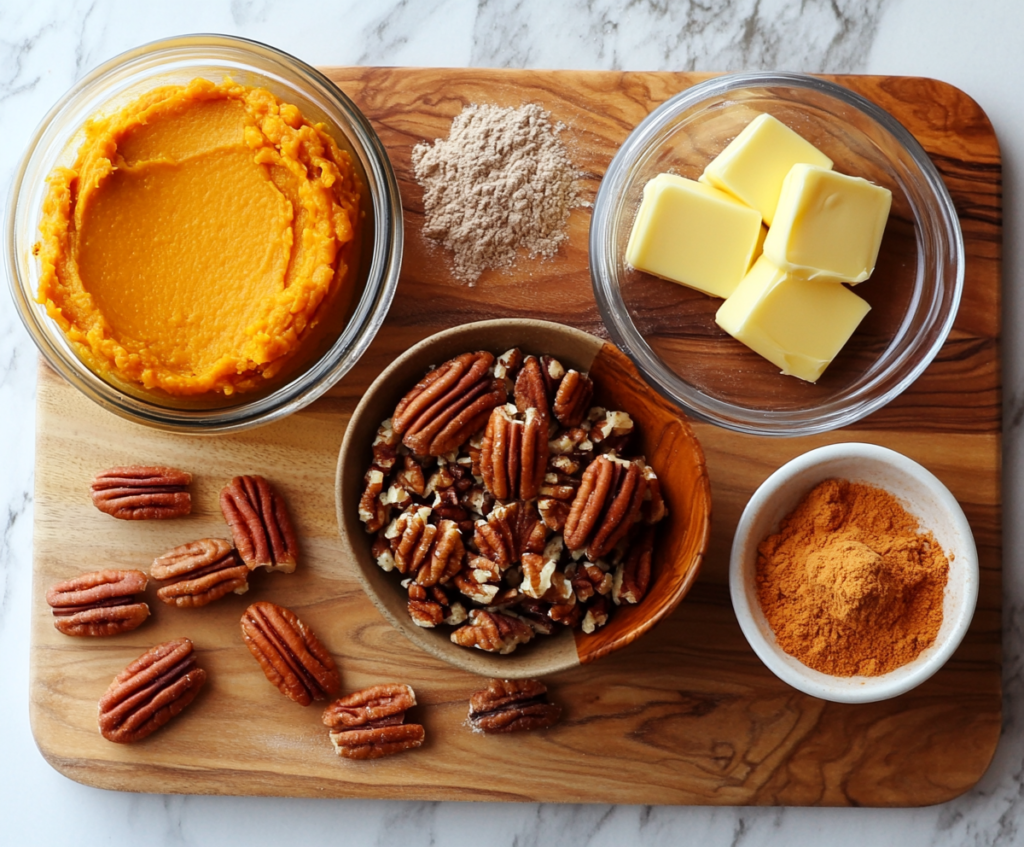 Ingredients for pumpkin dump cake, including pumpkin puree, cake mix, butter, and pecans