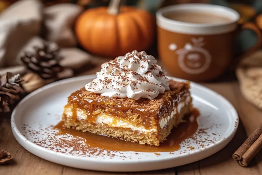 A slice of pumpkin dump cake with caramel sauce and whipped cream