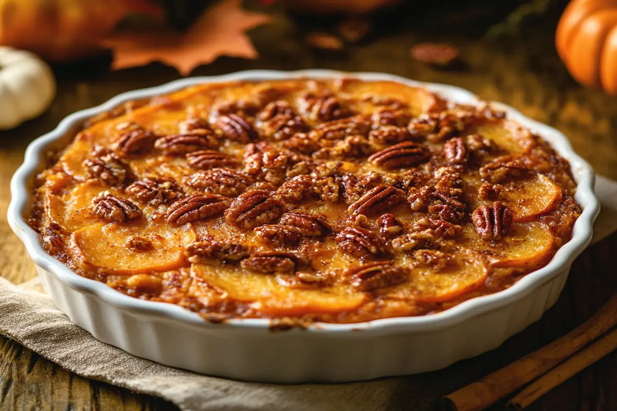 Ruth's Chris sweet potato casserole topped with pecans in a ceramic dish