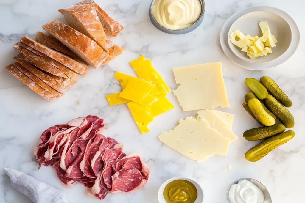 Ingredients for a beef and cheese deli sandwich on a countertop