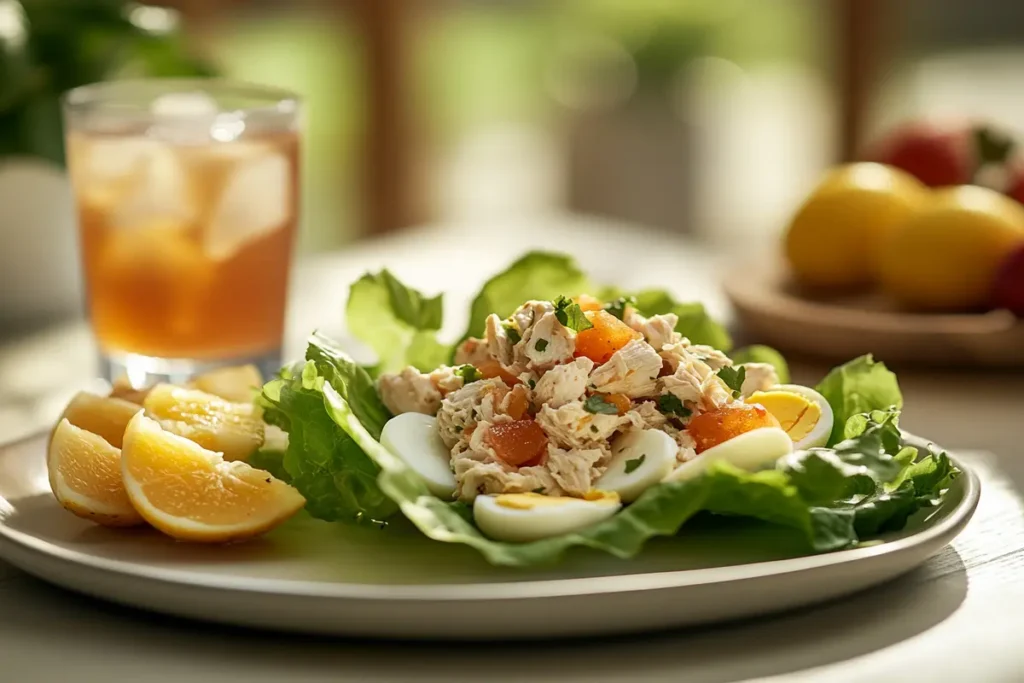 Chicken salad with eggs served in a lettuce wrap with iced tea and fresh fruit slices