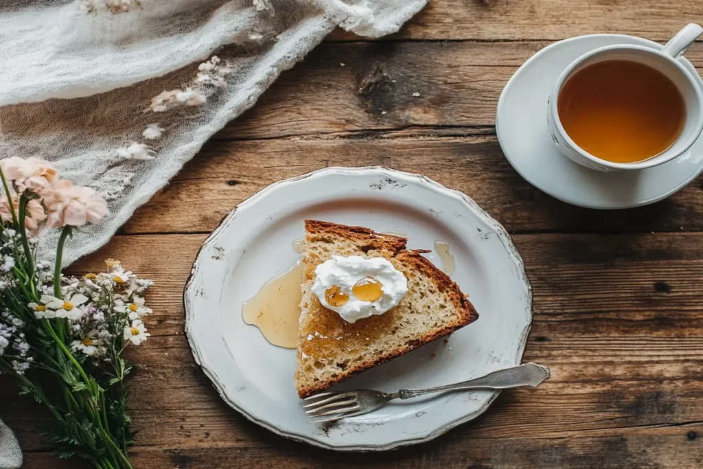 A slice of pear bread with whipped cream and honey on a plate