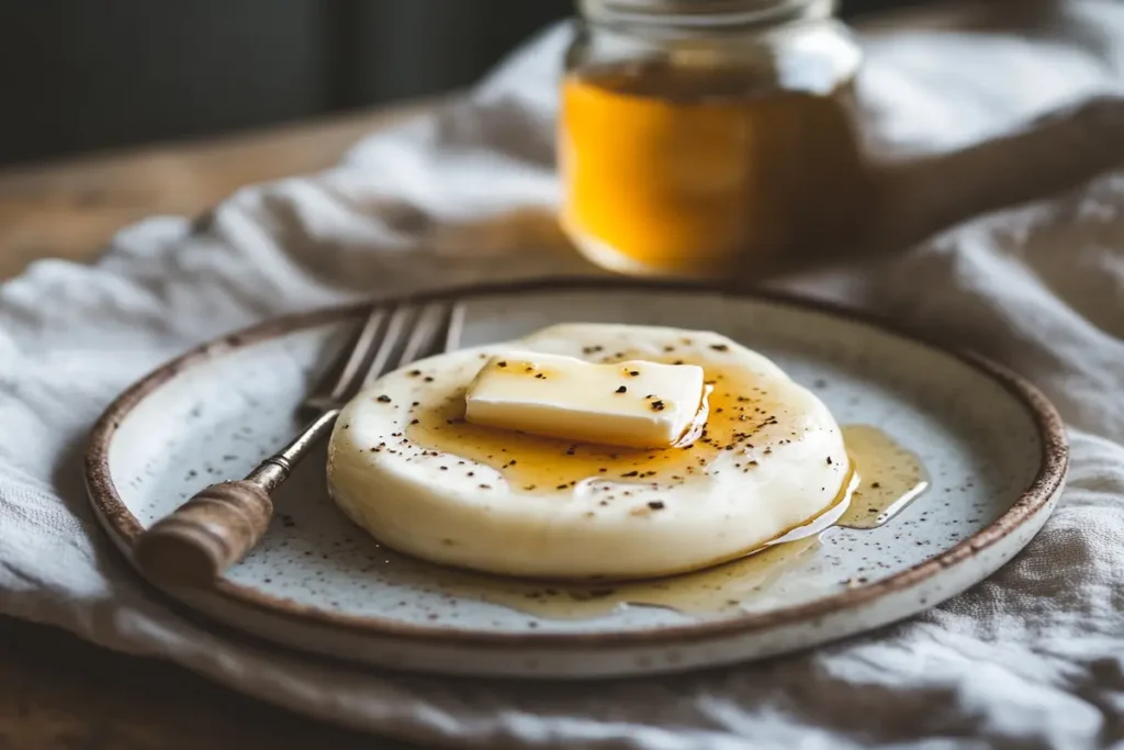 A yogurt pancake topped with butter and honey