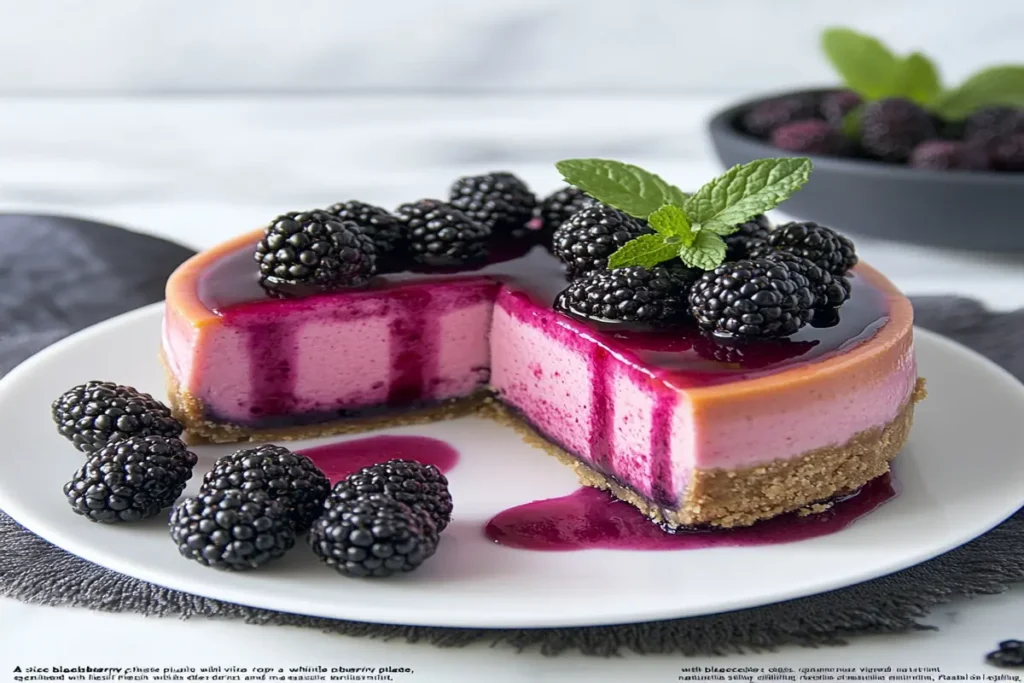 Sliced blackberry cheesecake with fresh toppings