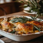 Southern chicken and dressing served in a rustic baking dish