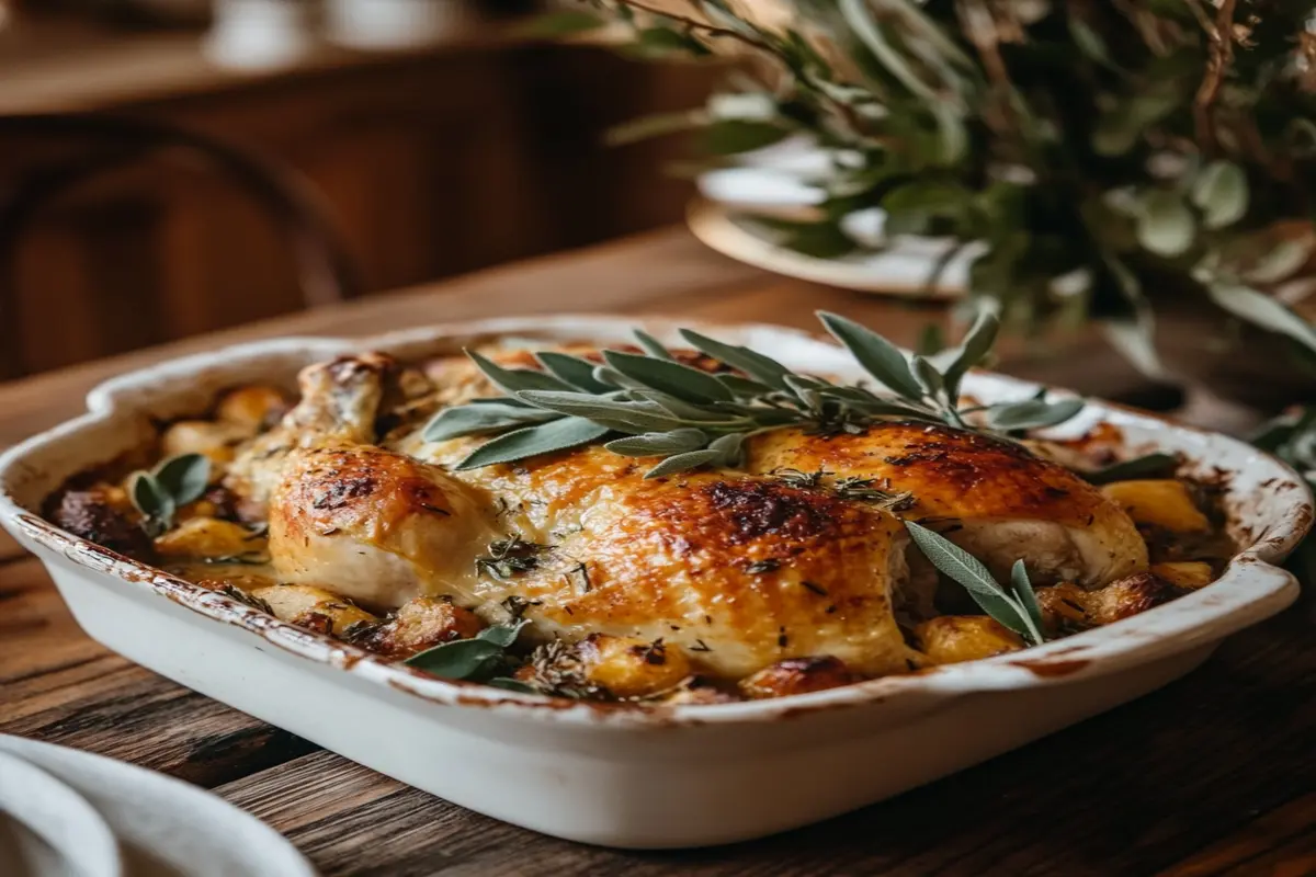 Southern chicken and dressing served in a rustic baking dish