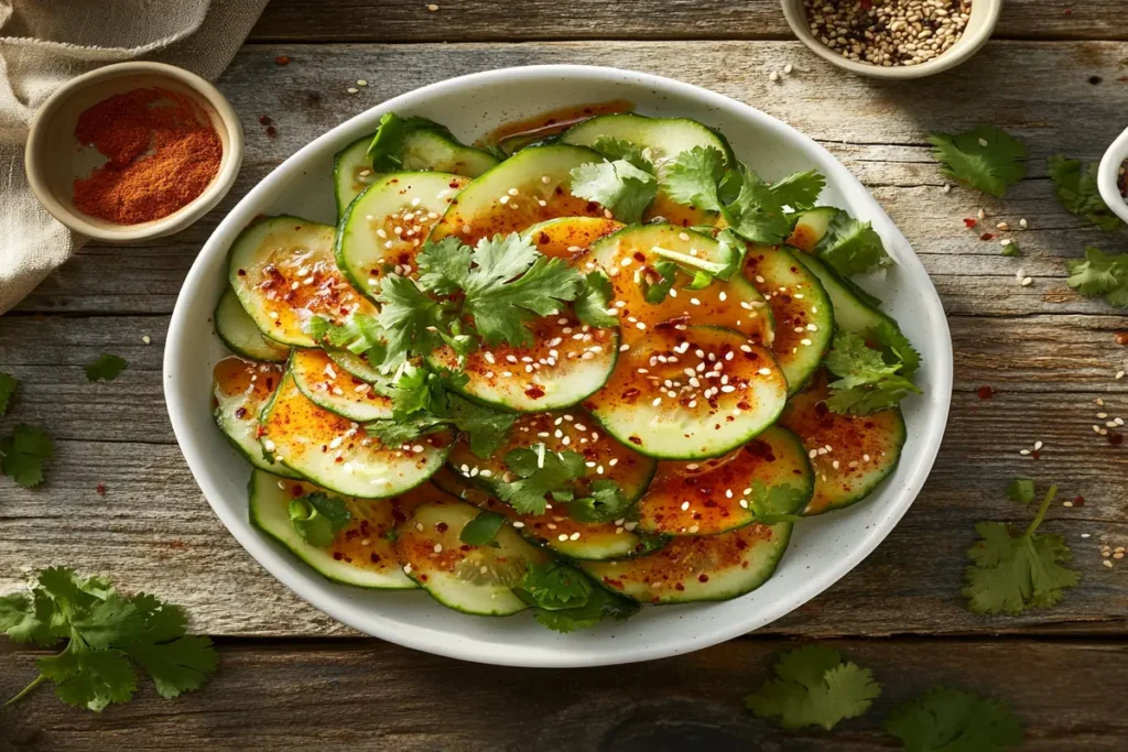 Bowl of spicy cucumber salad with sesame seeds and cilantro