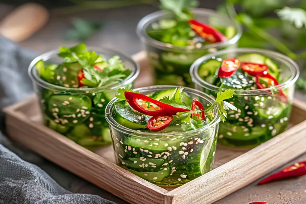 Individual servings of spicy cucumber salad in clear cups