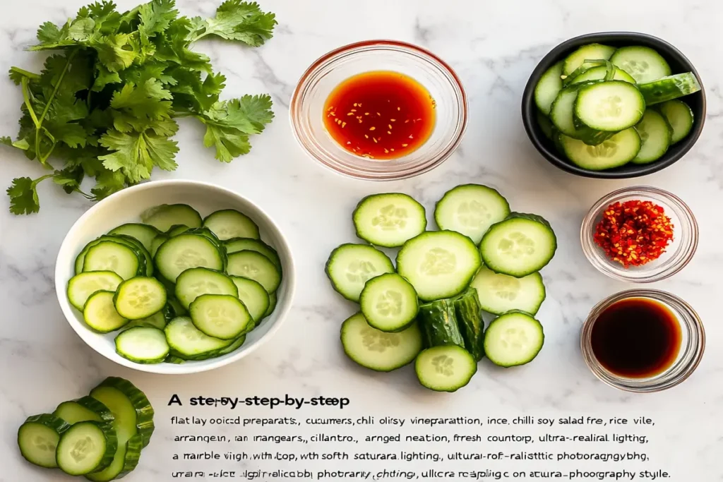 Ingredients for spicy cucumber salad on a marble countertop