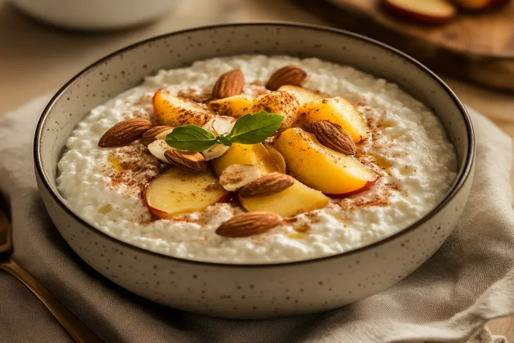 Sweet cottage cheese bowl with peaches and almonds