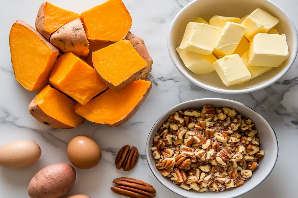 Ingredients for Ruth's Chris sweet potato casserole, including sweet potatoes and pecans