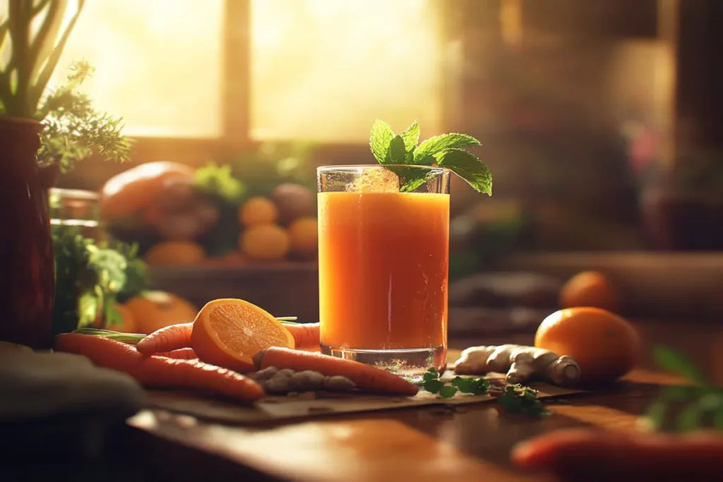 Fresh carrot juice with mint garnish on a rustic table