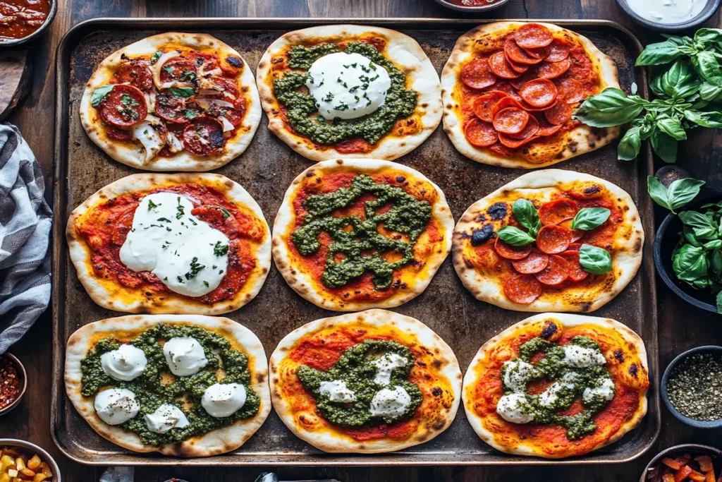 Variety of naan pizzas on a baking sheet with toppings and sauces."