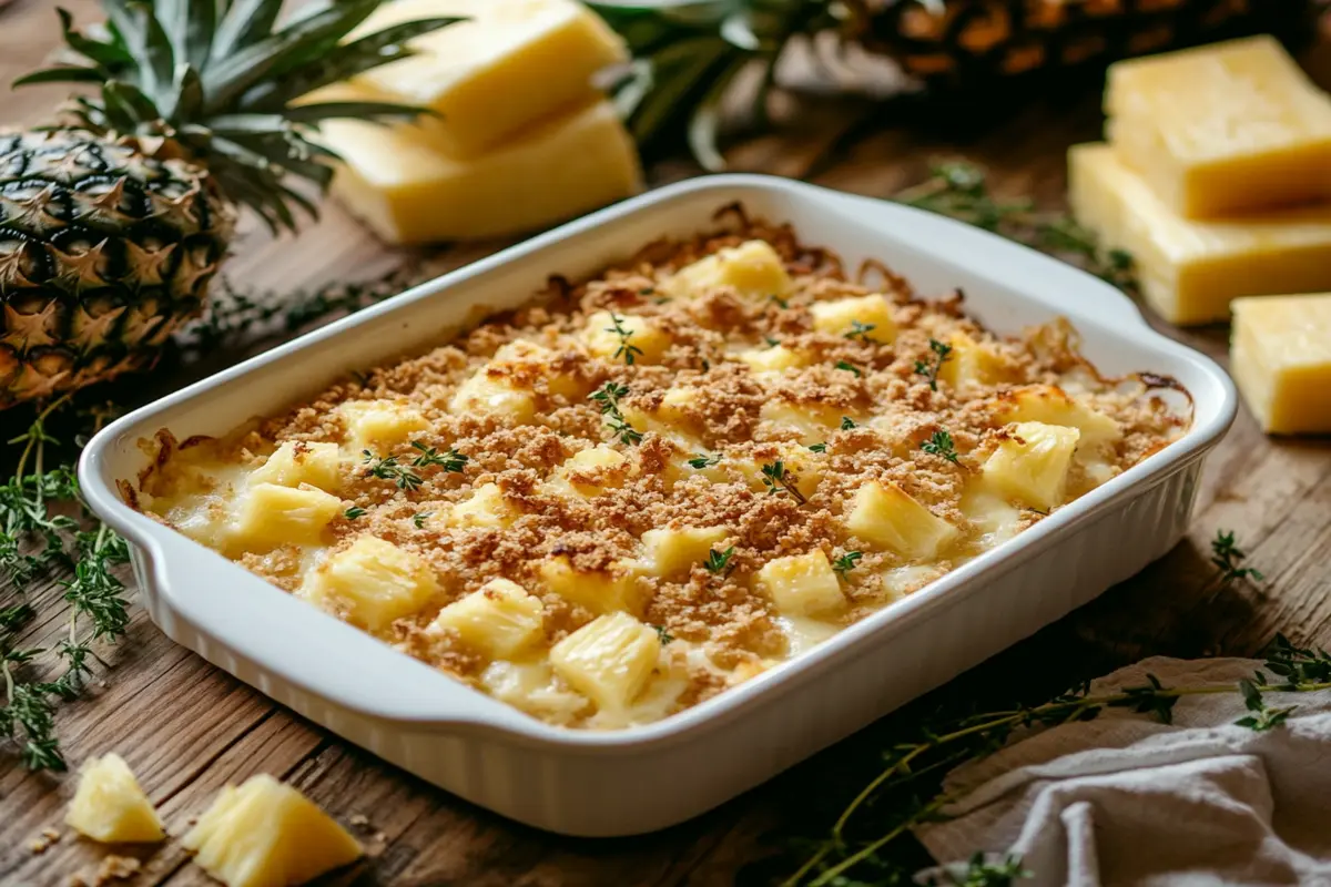 Pineapple casserole in a rustic baking dish topped with golden crackers