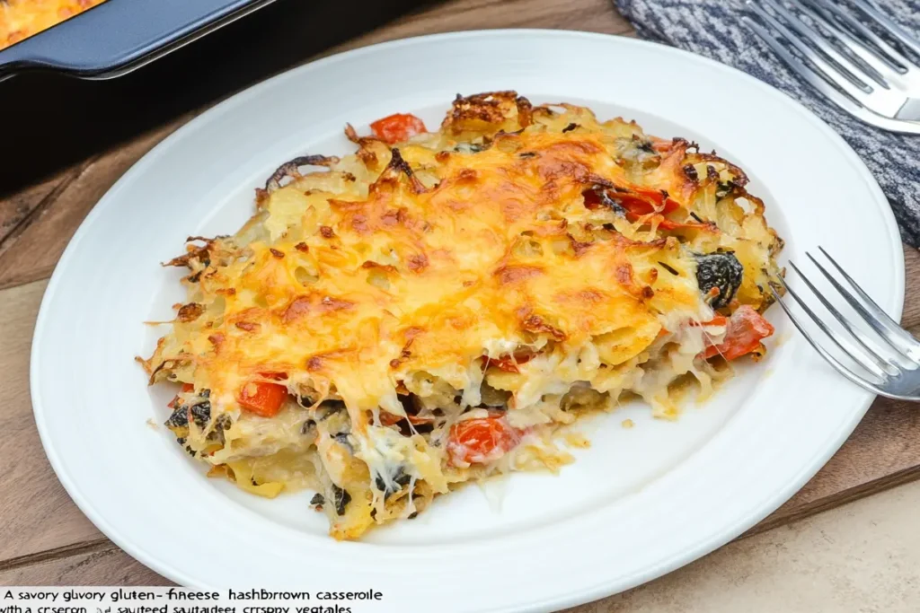 Vegetarian gluten-free hashbrown casserole with crispy cheese topping."