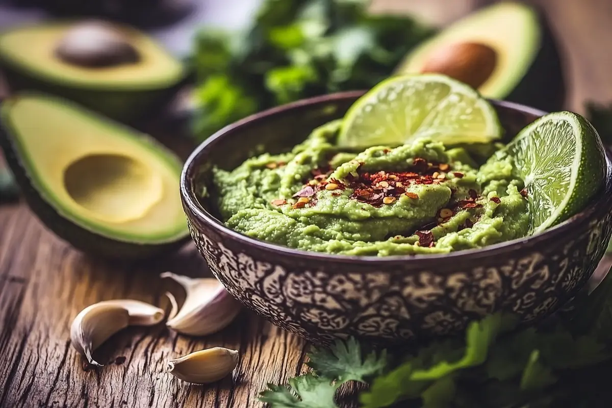 Fresh avocado spread in a rustic bowl with lime wedges and herbs