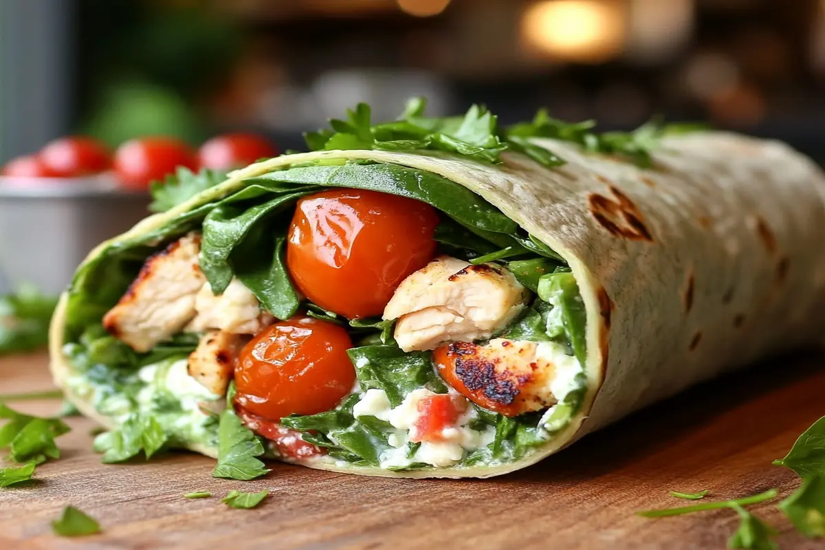 A fresh cottage cheese wrap with spinach, tomatoes, and chicken