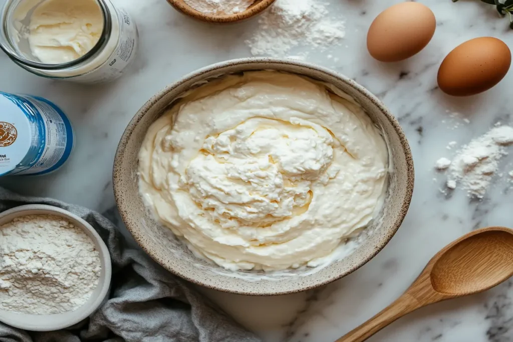 Bowl of yogurt pancake batter surrounded by fresh ingredients