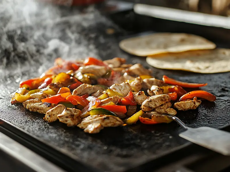 Chicken fajitas sizzling on a Blackstone griddle