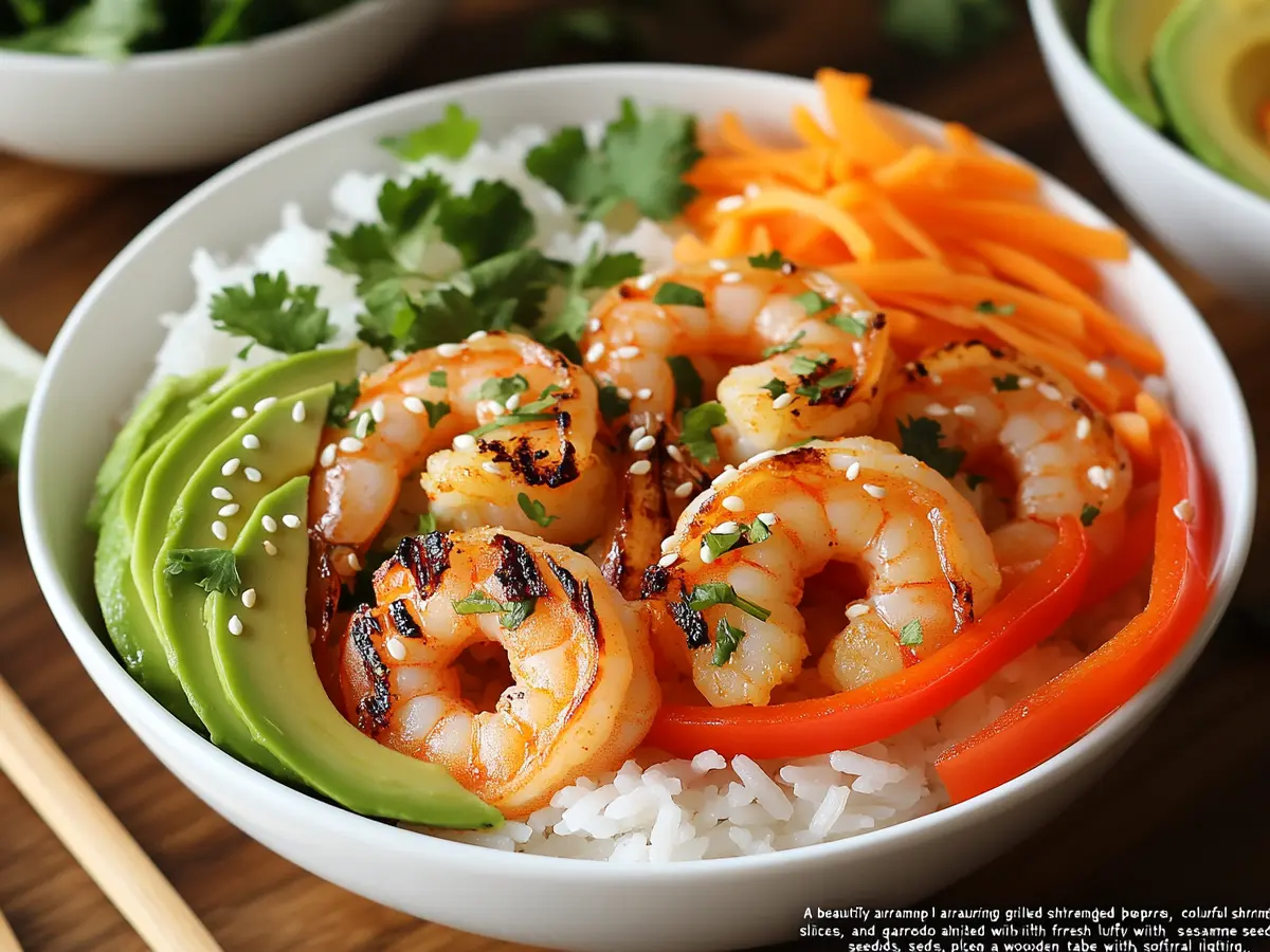 A colorful shrimp bowl with fresh ingredients."