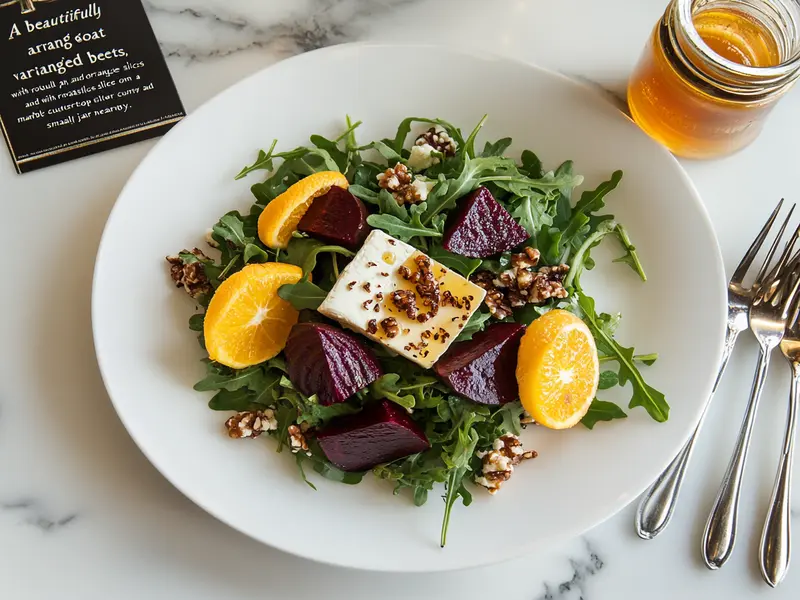 Goat cheese and beet salad with arugula and orange slices."