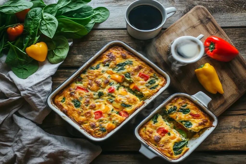 Gluten-free breakfast casserole with spinach and peppers."