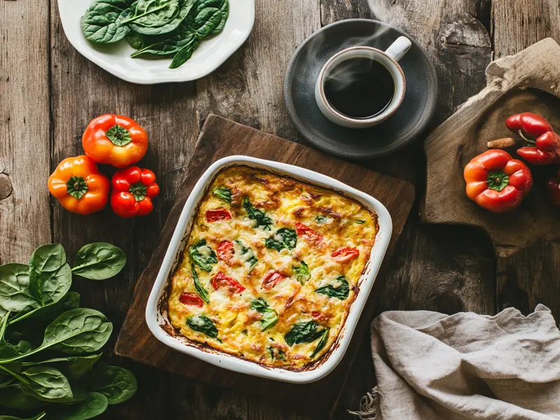 Sweet potato gluten-free breakfast casserole with spinach and balsamic glaze."
