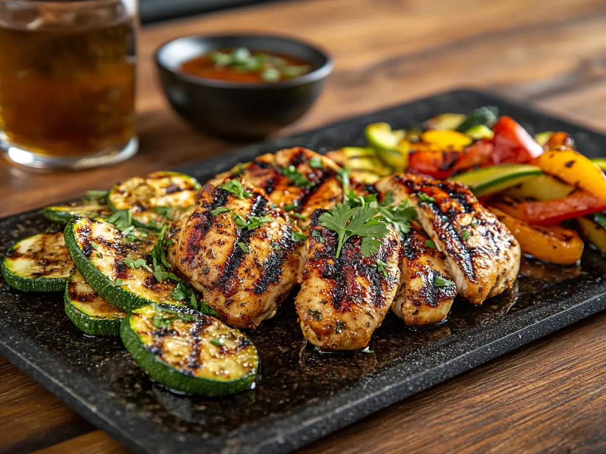 A plate of juicy Blackstone grilled chicken with vegetables