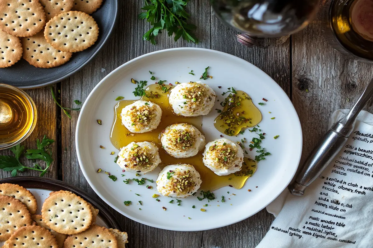 Goat cheese balls with pistachios and honey on a plate."