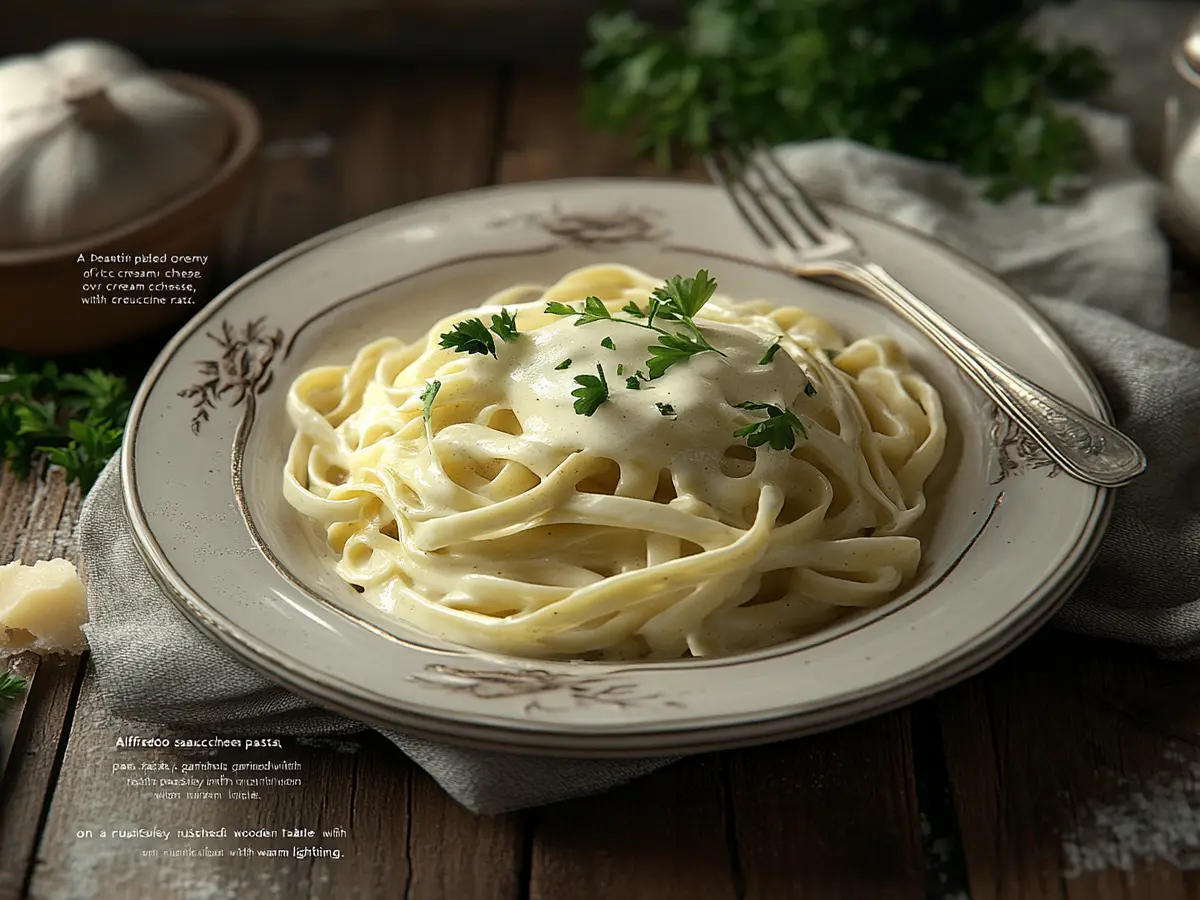 Creamy Alfredo sauce with cream cheese over fettuccine pasta