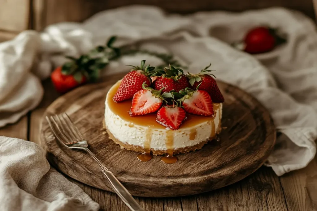 Small cheesecake topped with strawberries and caramel