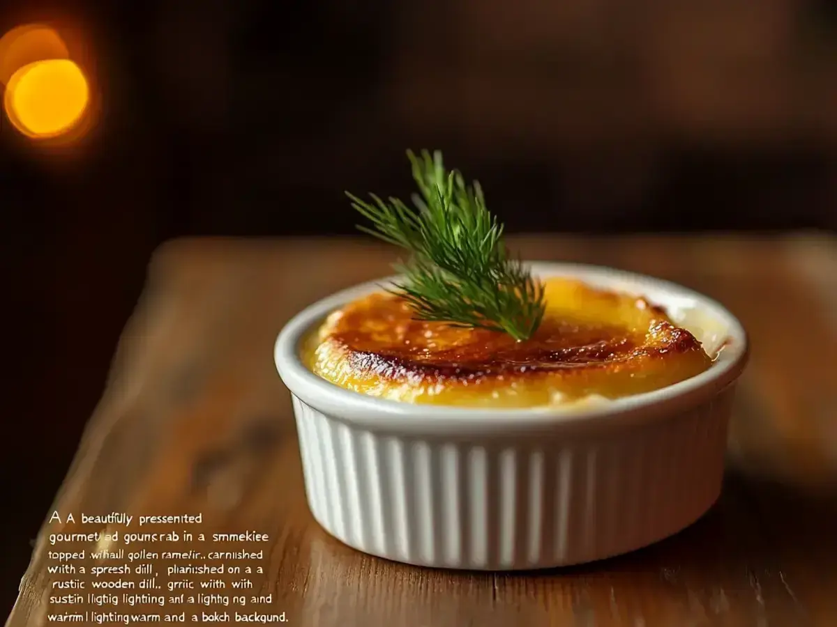 Crab Brûlée garnished with dill in a white ramekin