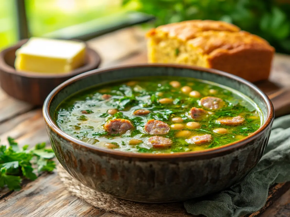 A vibrant bowl of swamp soup with greens, beans, and sausage.