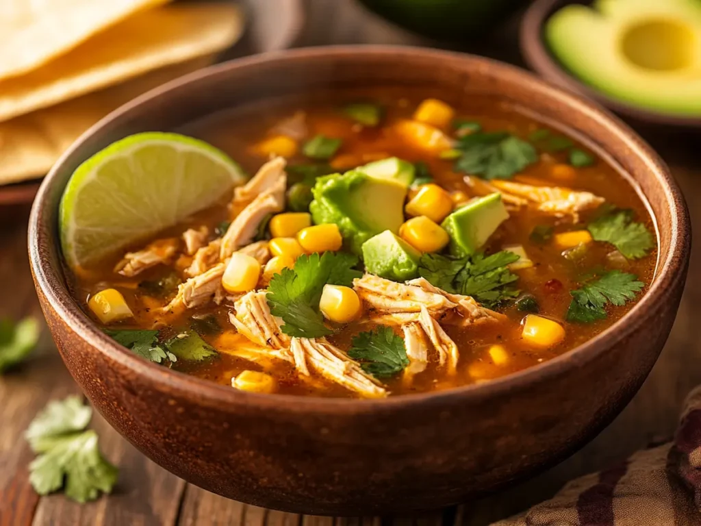 A vibrant bowl of Mexican chicken soup with shredded chicken, corn, and cilantro.