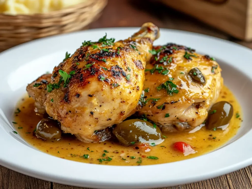 Mississippi chicken served with pepperoncini peppers and rich buttery sauce