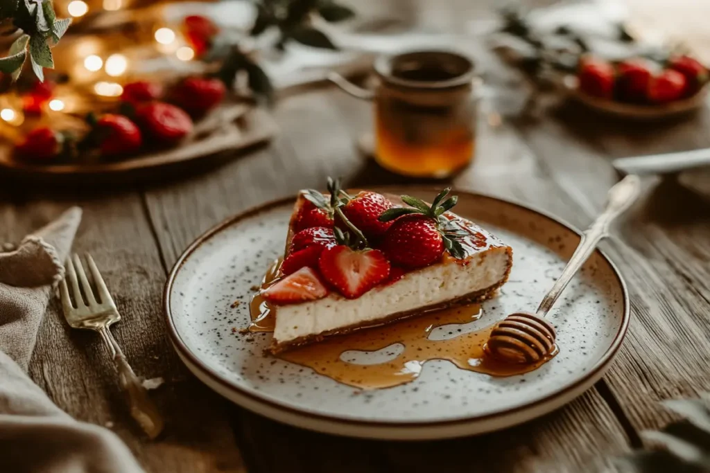 Healthy cheesecake slice topped with strawberries and honey