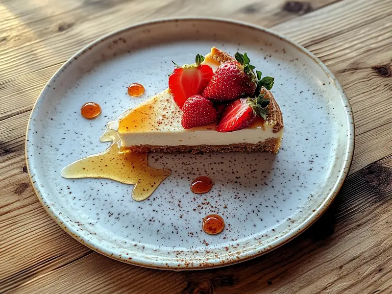 Healthy cheesecake topped with mixed berries and mint leaves