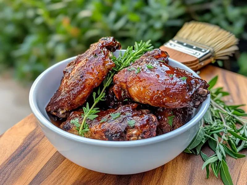 Chicken wings coated in honey BBQ sauce with dipping sauce on the side."