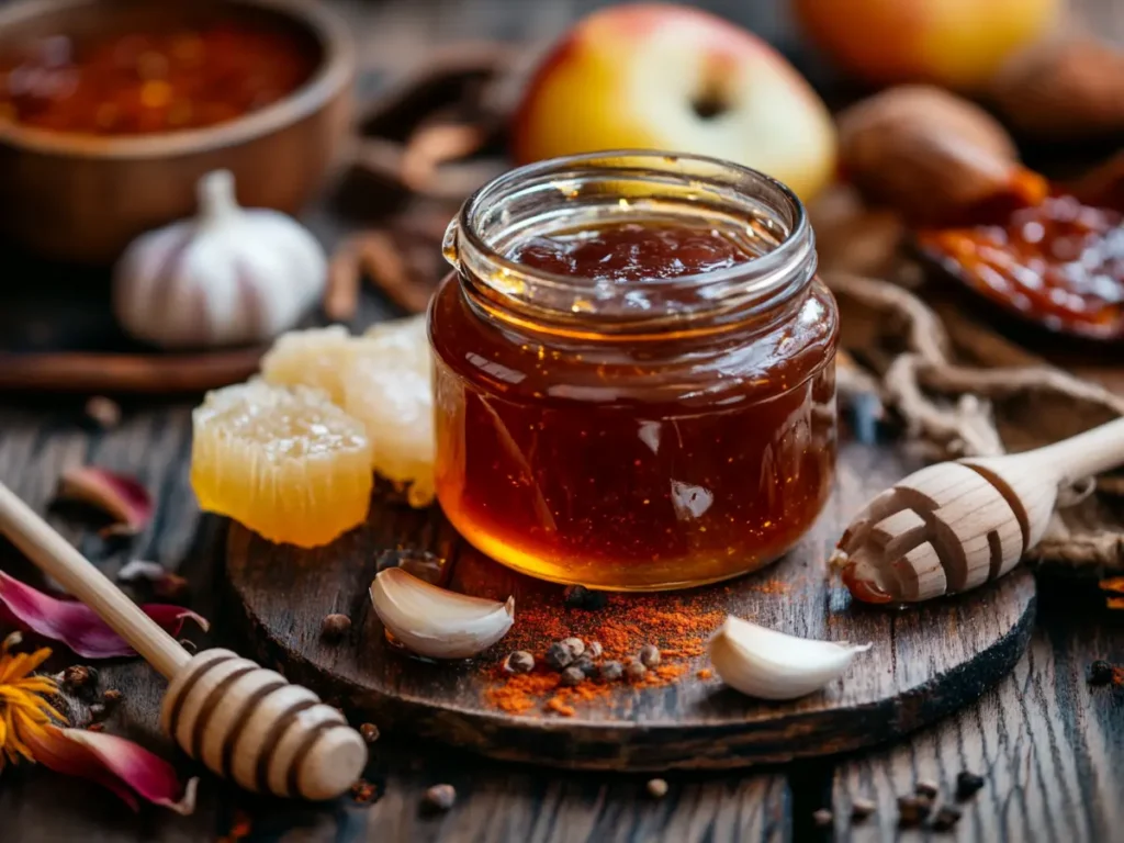 Jar of honey BBQ sauce with fresh ingredients on a rustic table."