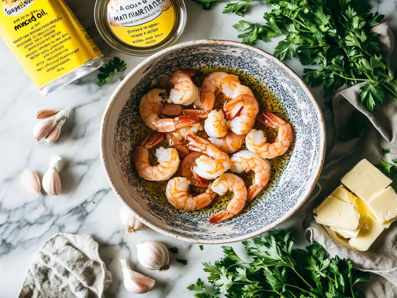 "Shrimp marinating in garlic and herbs."