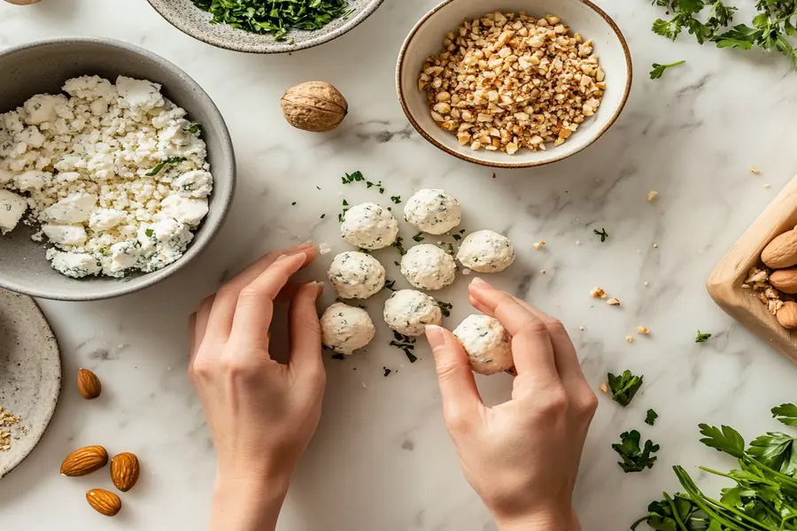 Hands shaping goat cheese into balls for a recipe