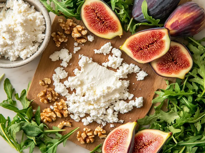 Close-up of crumbled goat cheese with salad ingredients."