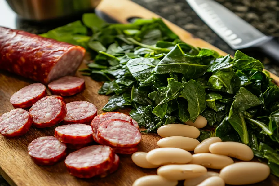  Fresh ingredients for swamp soup, including turnip greens, beans, and sausage.