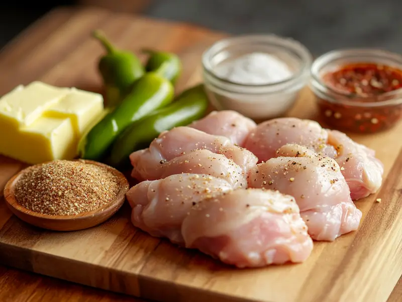 Ingredients for Mississippi chicken, including chicken, pepperoncini, and seasonings.