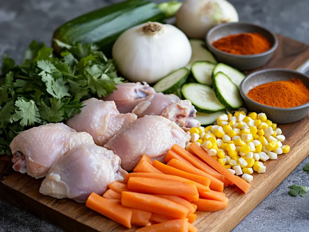 Ingredients for Mexican chicken soup, including chicken, vegetables, and spices.