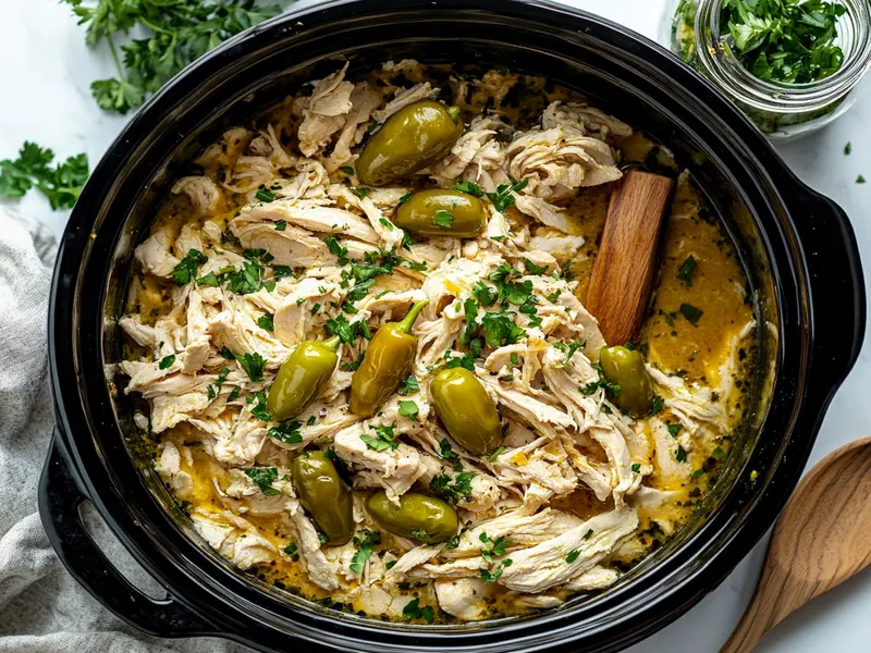  Mississippi chicken cooking in a crockpot with tangy pepperoncini.